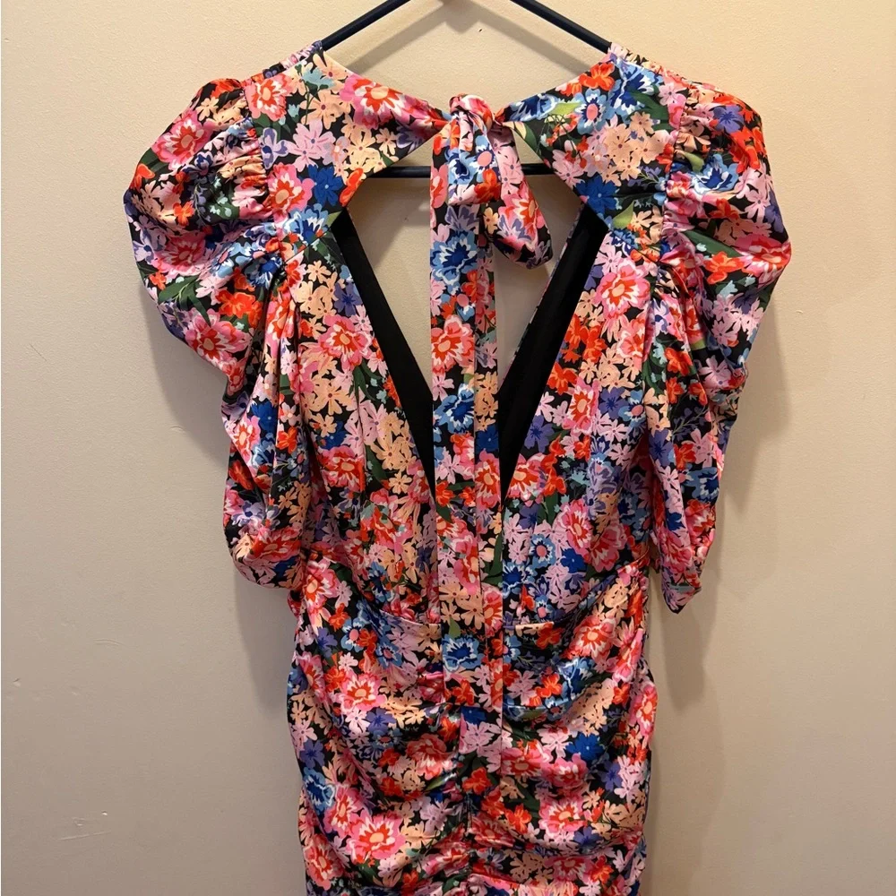 For Love & Lemons Bouquet Floral Puff-Sleeve Ruched Mini Dress - Picture 7 of 7